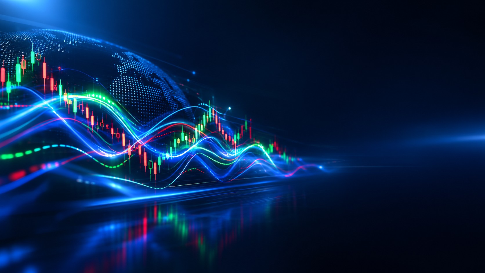 Abstract waves of light representing market volatility across currency charts