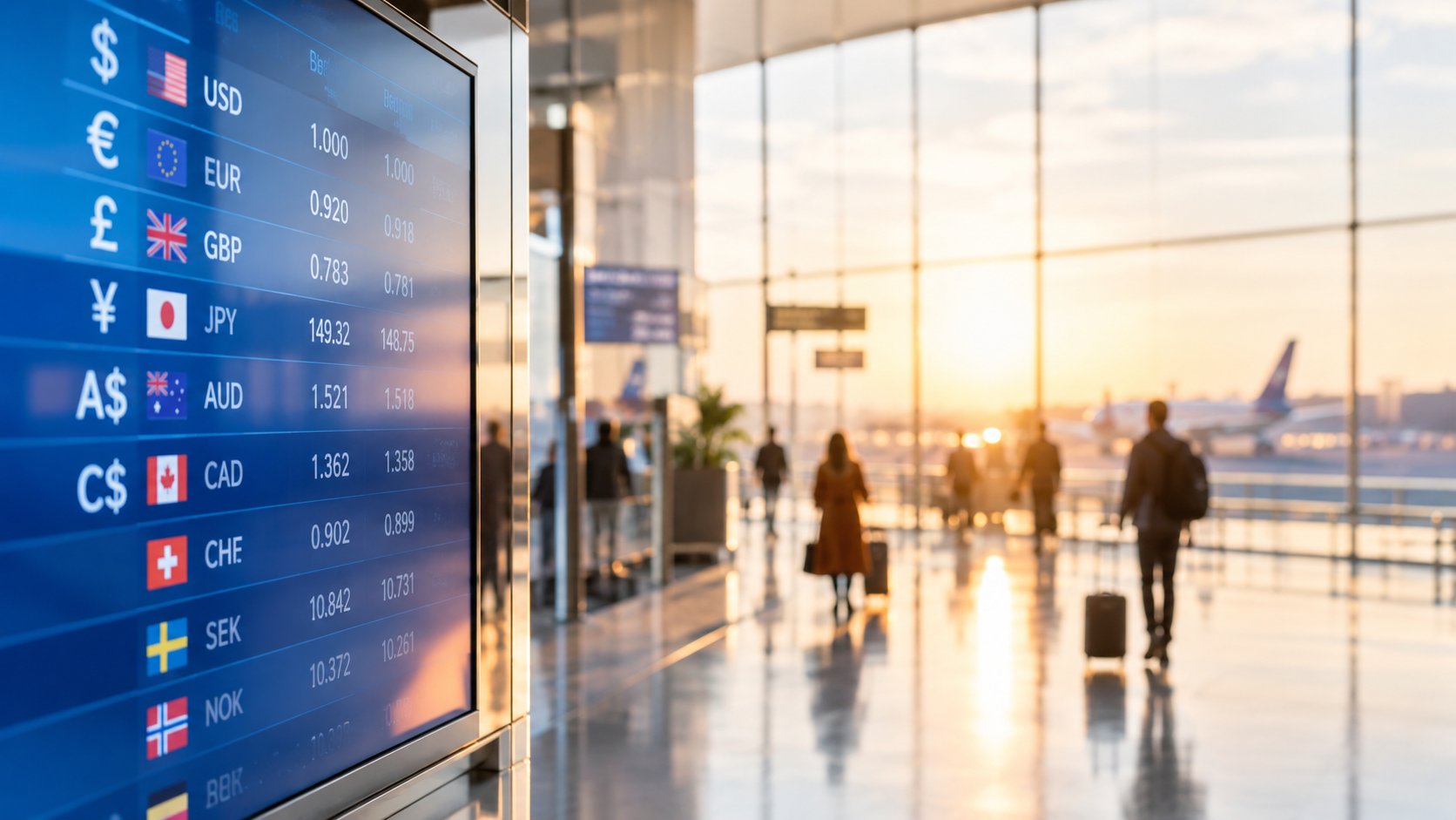 Airport style currency exchange rate board with abstract digits and blurred figures