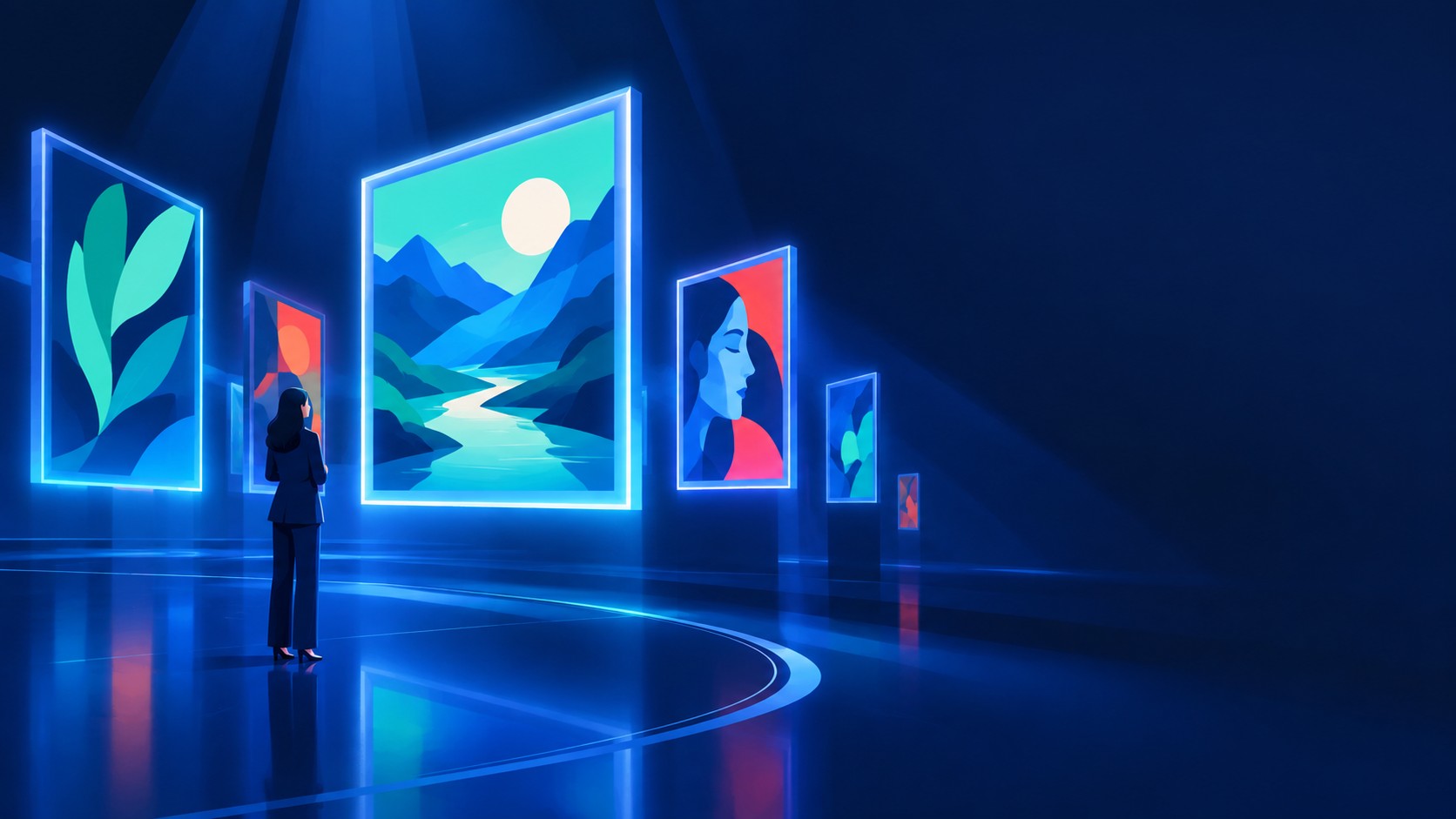 Floating digital art frames made of light in a virtual gallery