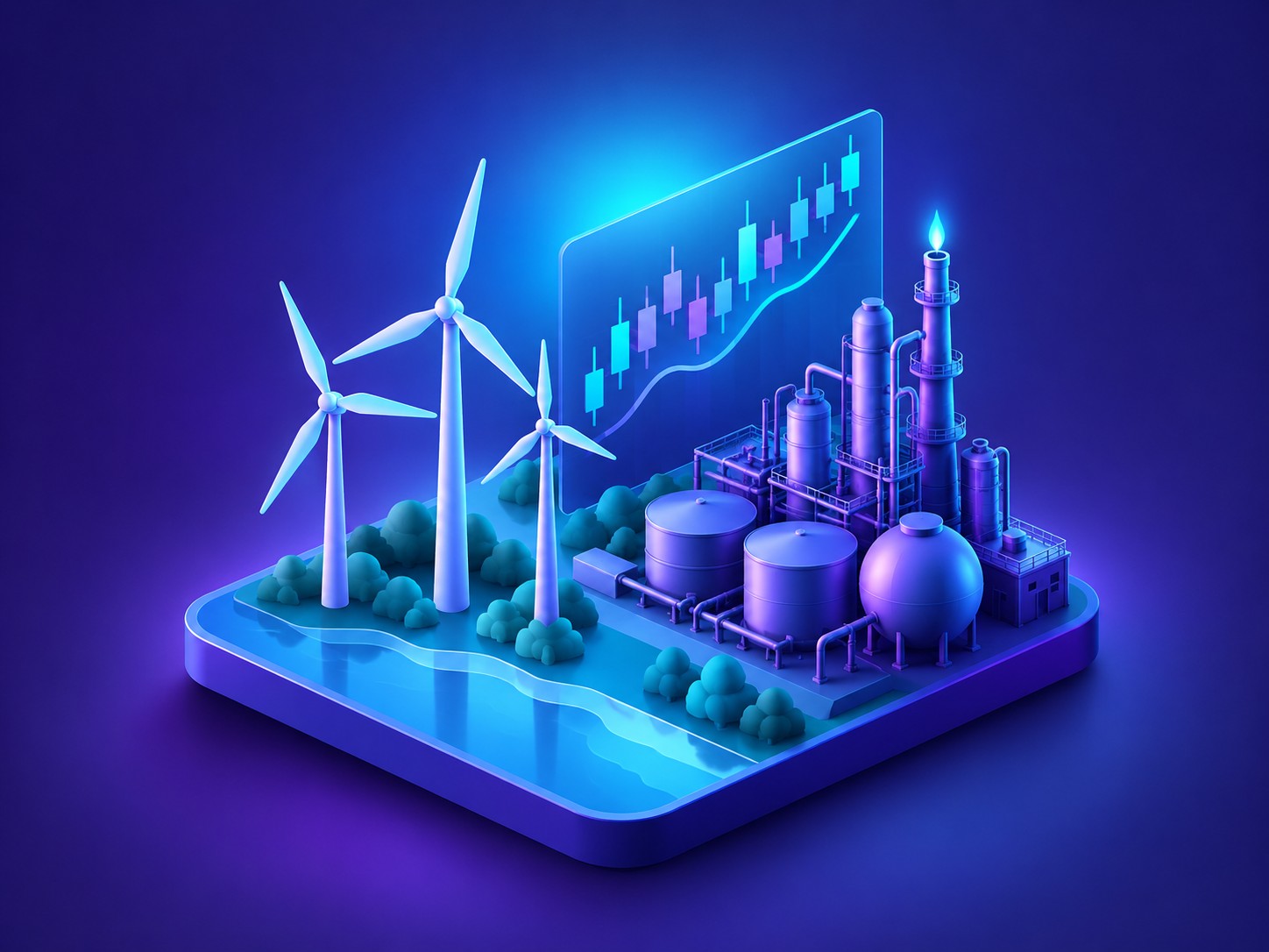 Wind turbines and oil refinery silhouettes merged with a stock chart