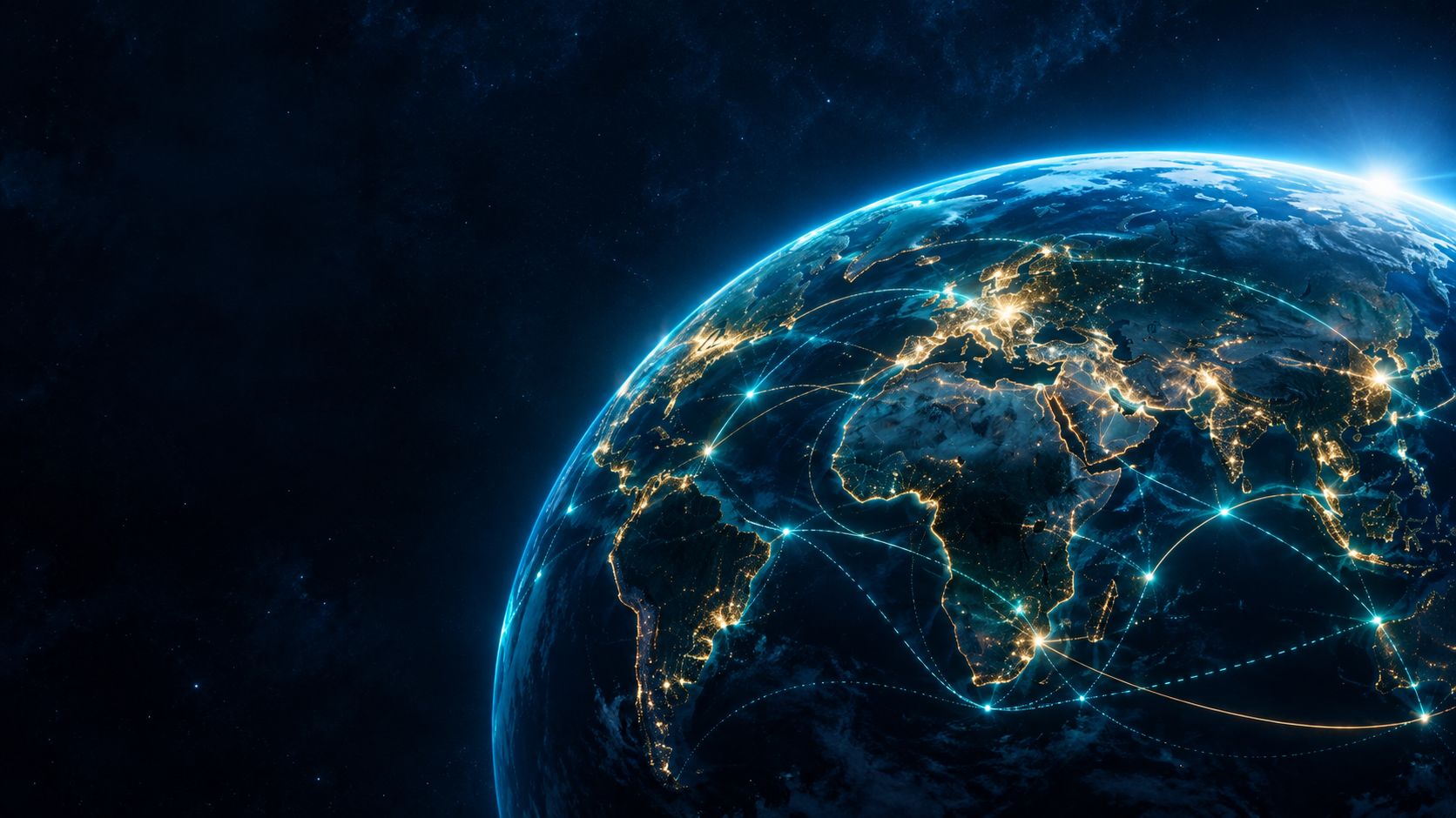 Night earth view from space with glowing trade routes